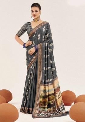 Grey Abstract Silk Saree Set
