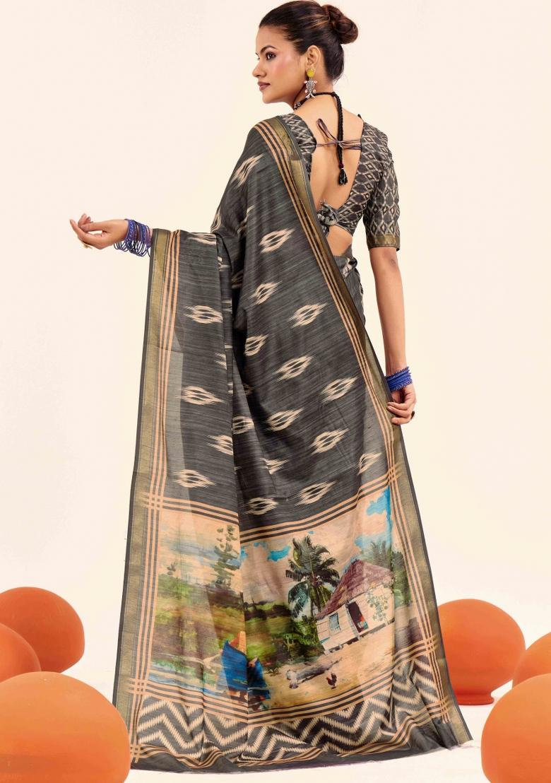 Grey Abstract Silk Saree Set - Indya