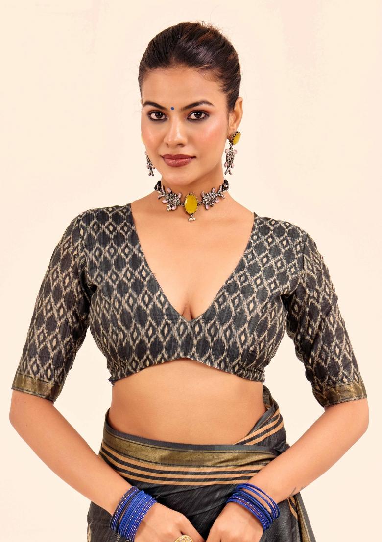 Grey Abstract Silk Saree Set - Indya