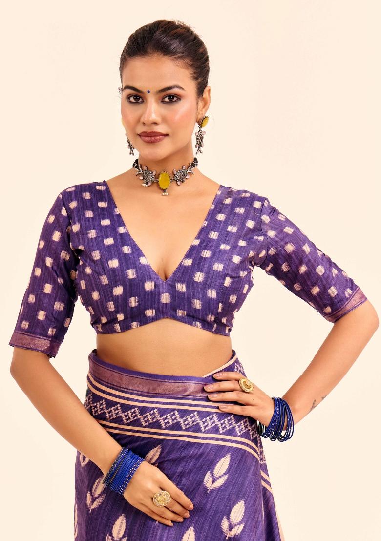 Purple Abstract Silk Saree Set - Indya