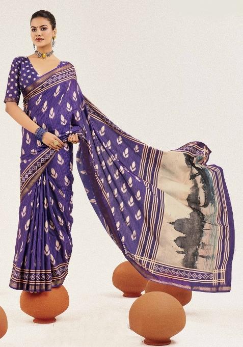 Purple Abstract Silk Saree Set