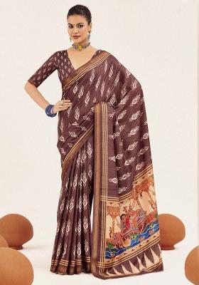 Brown Abstract Silk Saree Set