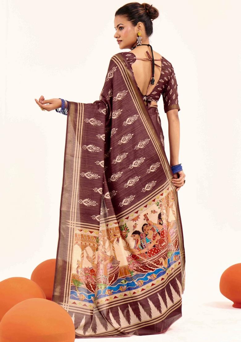 Brown Abstract Silk Saree Set - Indya