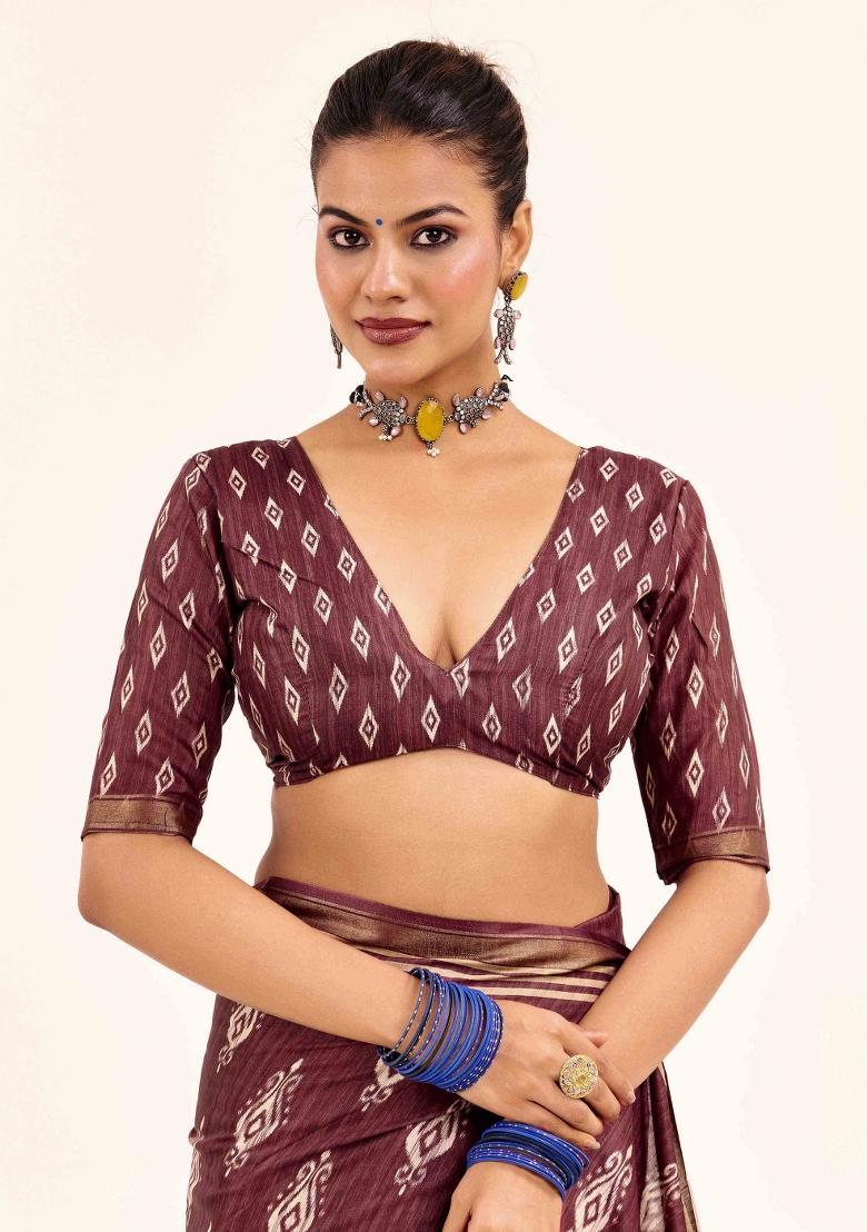 Brown Abstract Silk Saree Set - Indya