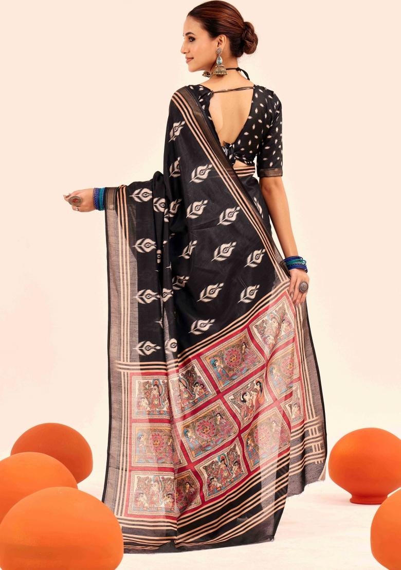 Black Abstract Silk Saree Set - Indya