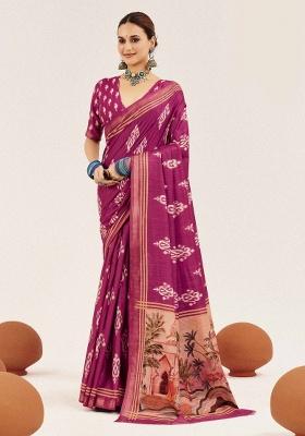 Pink Abstract Silk Saree Set