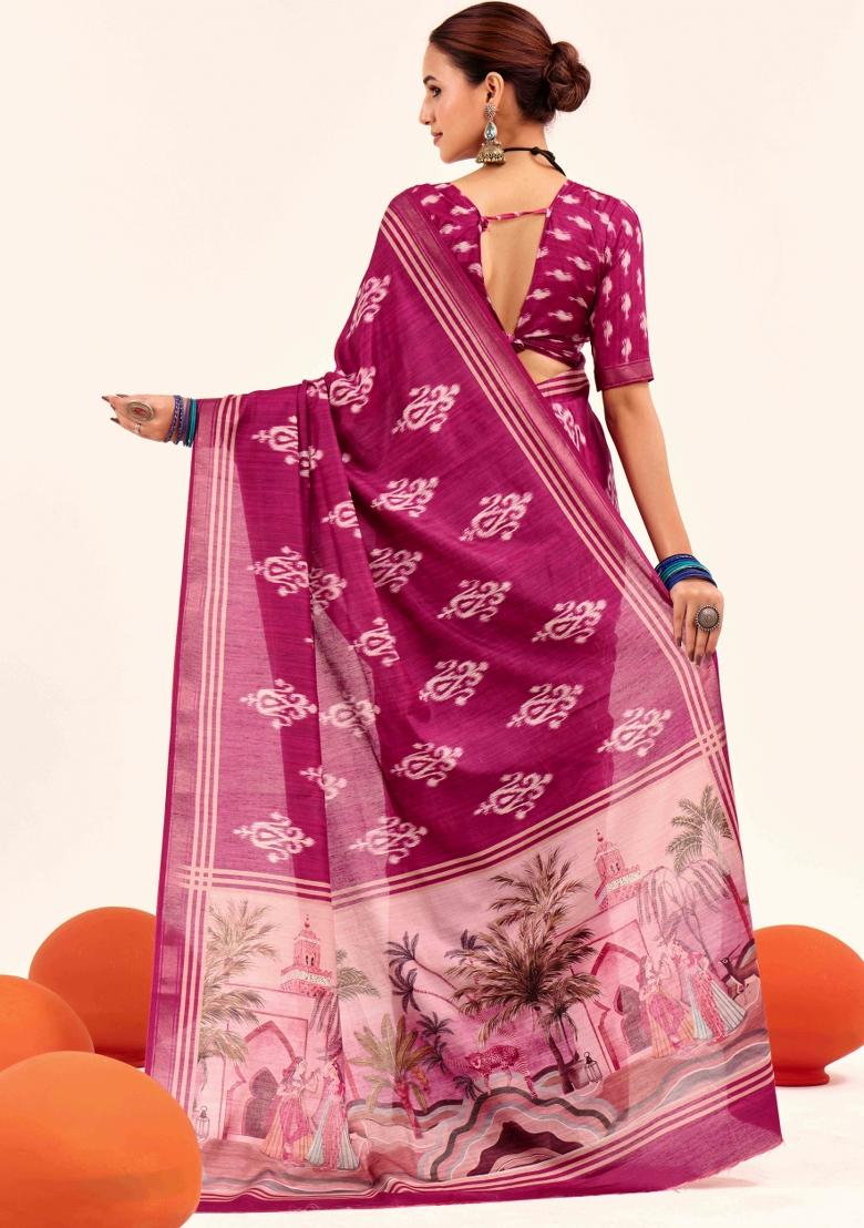 Pink Abstract Silk Saree Set - Indya