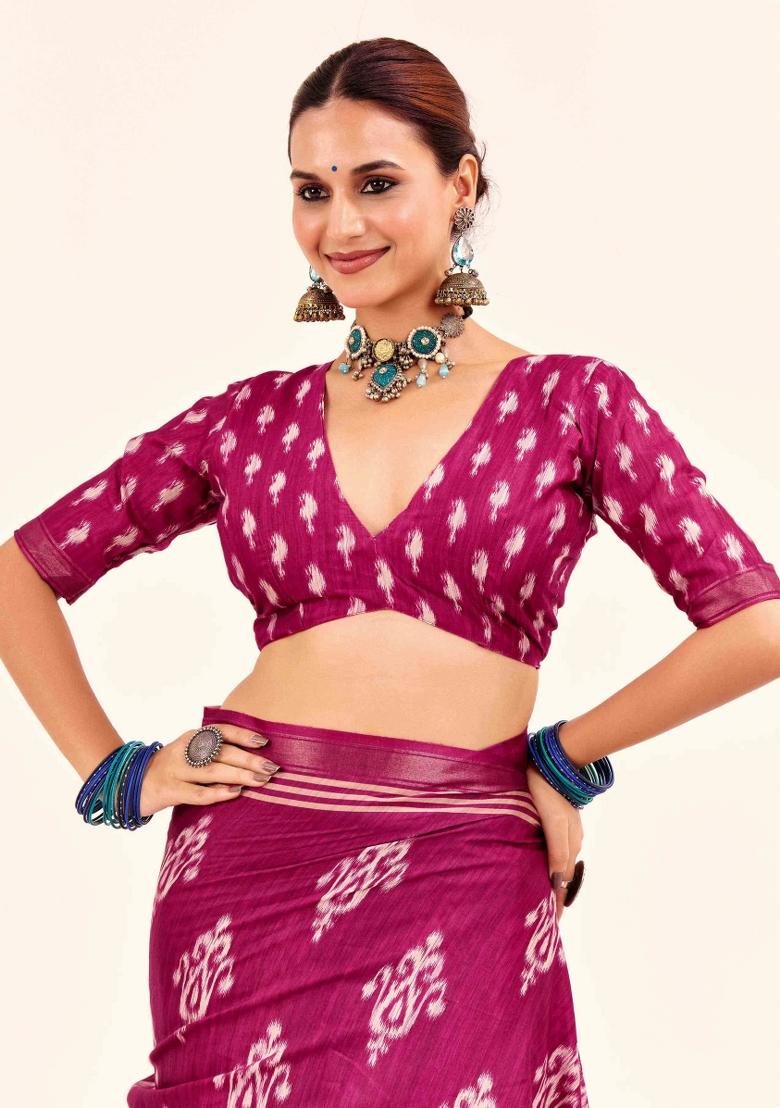 Pink Abstract Silk Saree Set - Indya