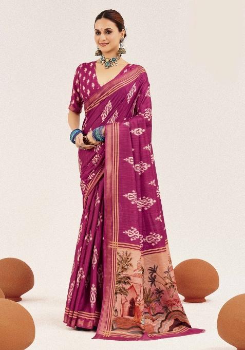 Pink Abstract Silk Saree Set