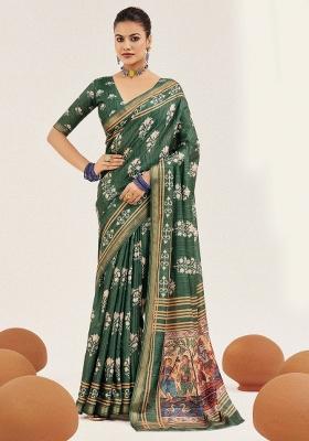 Green Abstract Silk Saree Set