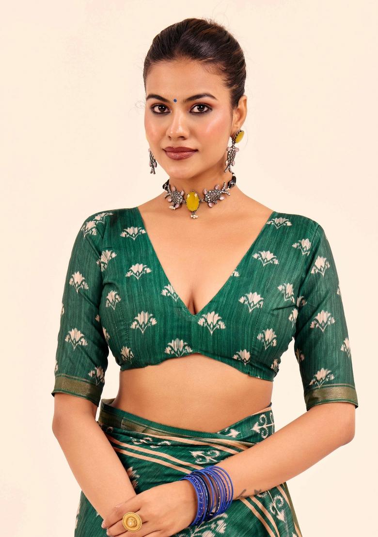 Green Abstract Silk Saree Set - Indya