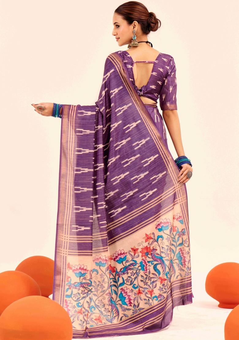 Lavender Abstract Silk Saree Set - Indya