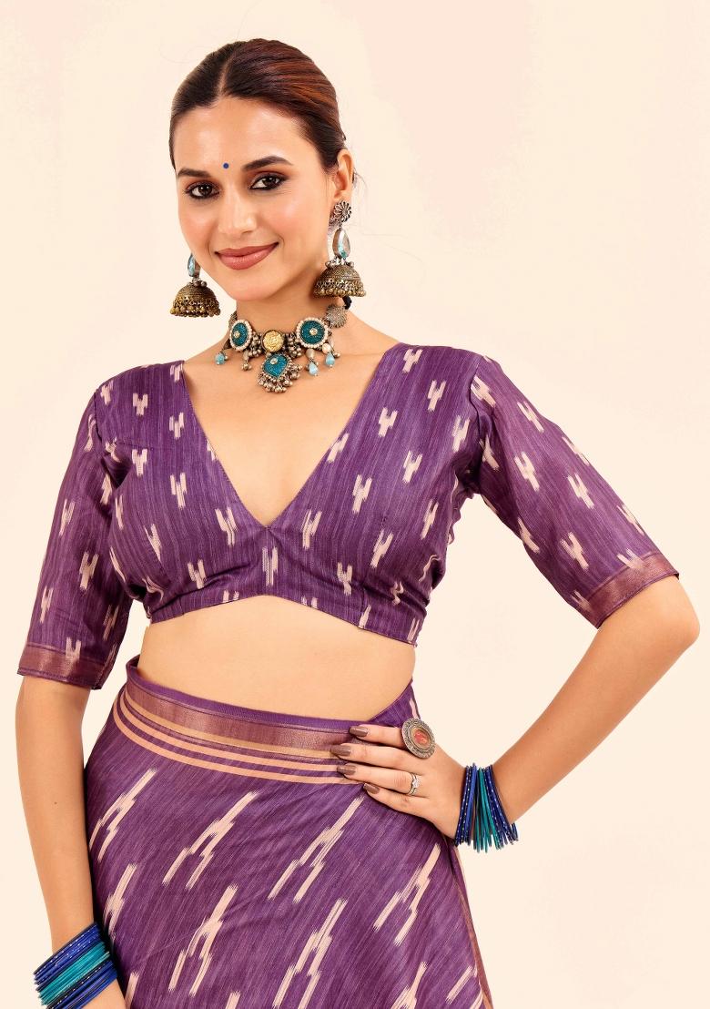 Lavender Abstract Silk Saree Set - Indya