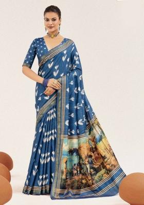 Blue Abstract Silk Saree Set