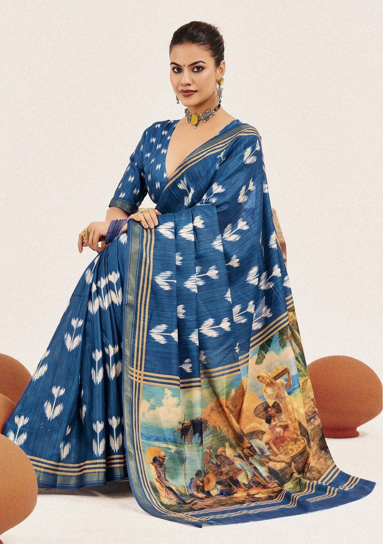 Blue Abstract Silk Saree Set - Indya