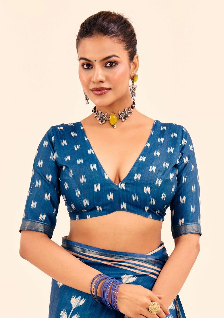 Blue Abstract Silk Saree Set - Indya