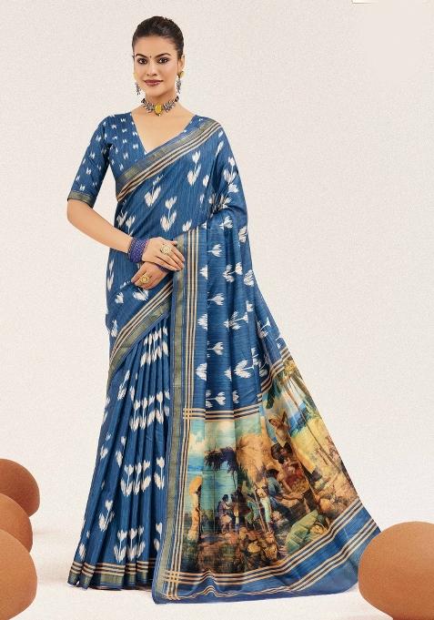 Blue Abstract Silk Saree Set