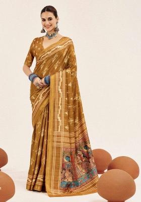 Mustard Abstract Silk Saree Set