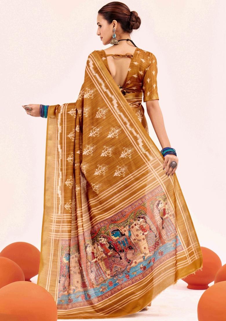 Mustard Abstract Silk Saree Set - Indya