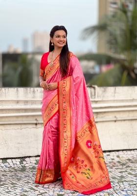 Pink Zari Work Silk Saree Set