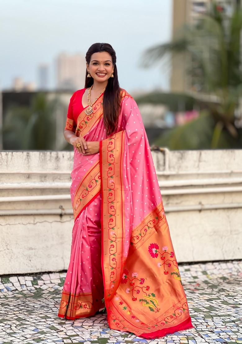 Pink Zari Work Silk Saree Set - Indya