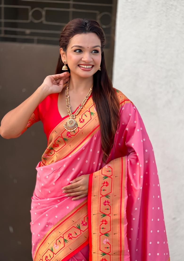 Pink Zari Work Silk Saree Set - Indya