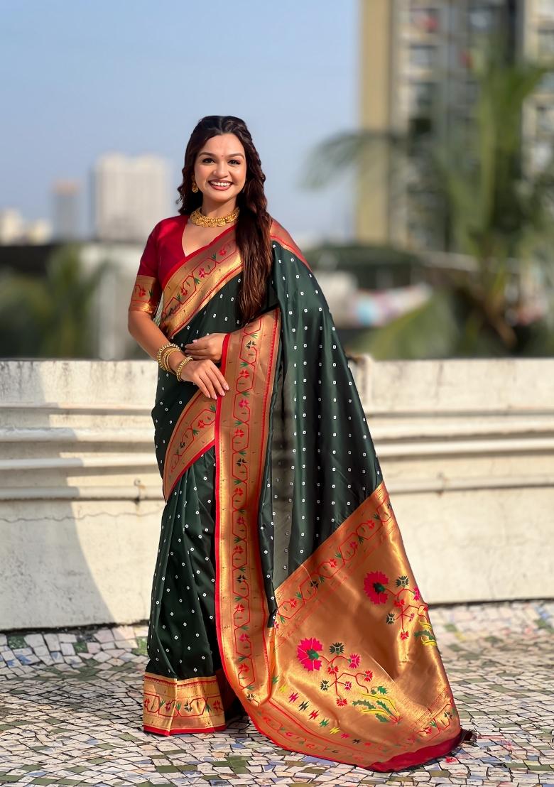 Green Zari Work Silk Saree Set - Indya