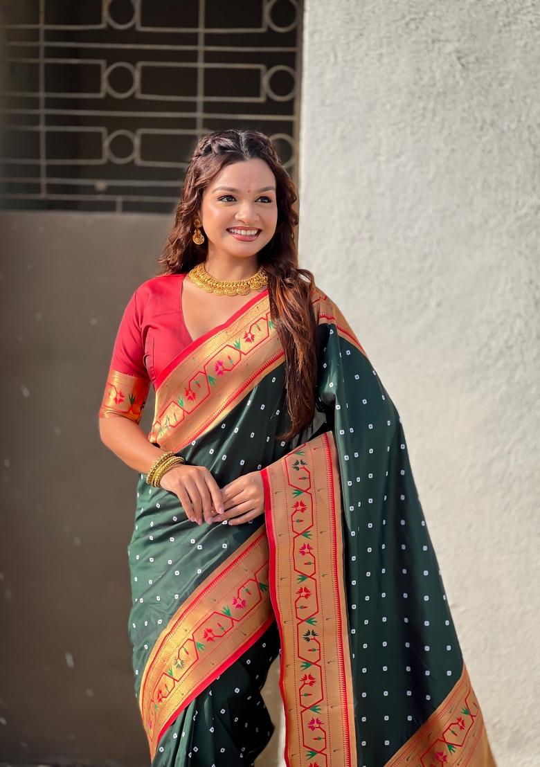 Green Zari Work Silk Saree Set - Indya
