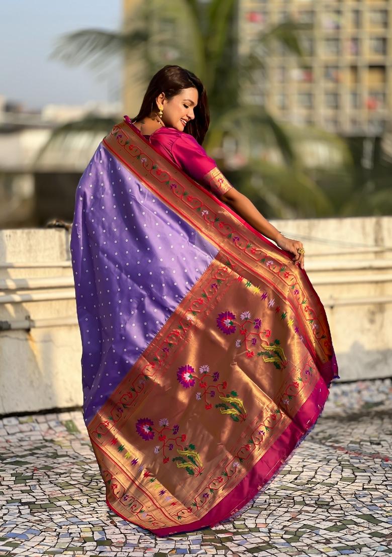 Lavender Zari Work Silk Saree Set - Indya