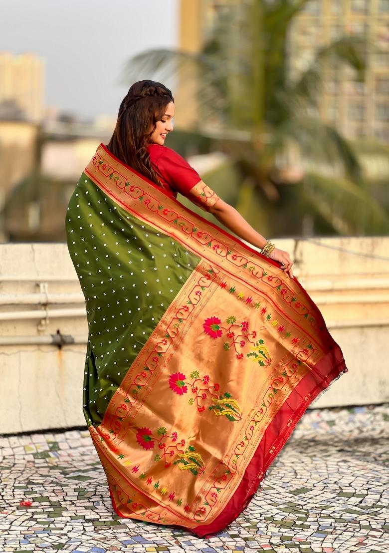 Green Zari Work Silk Saree Set - Indya