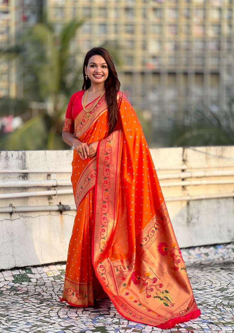 Orange Zari Work Silk Saree Set - Indya