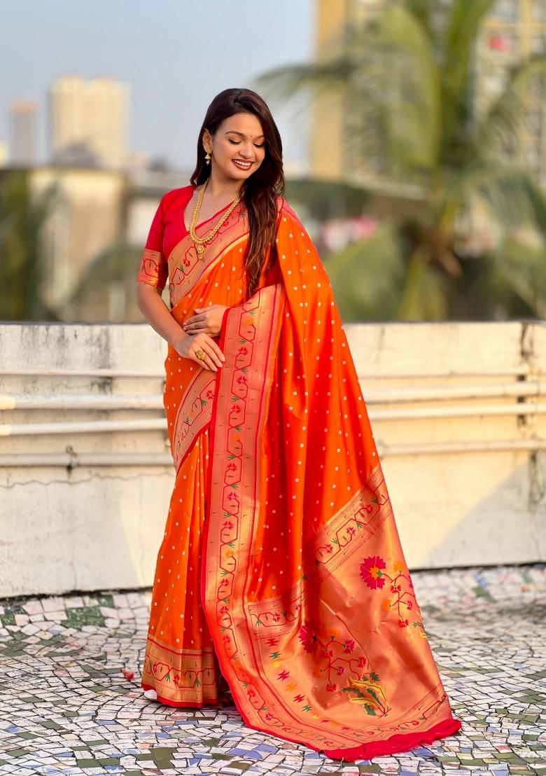 Orange Zari Work Silk Saree Set - Indya