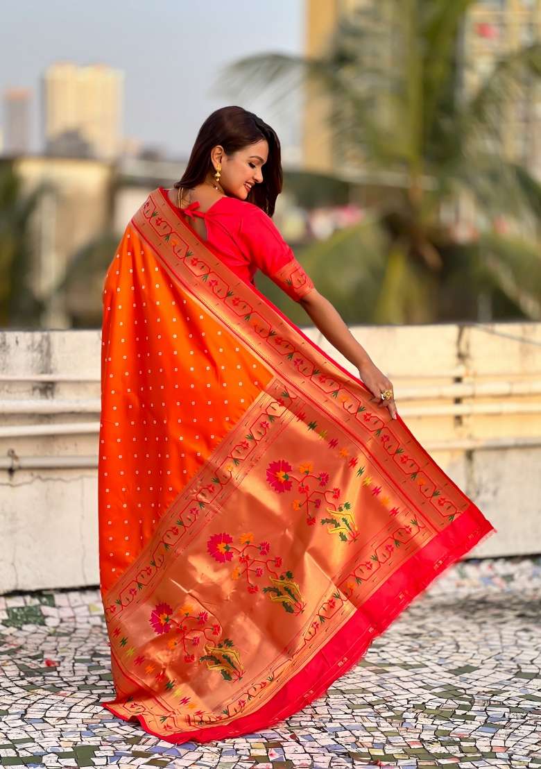 Orange Zari Work Silk Saree Set - Indya