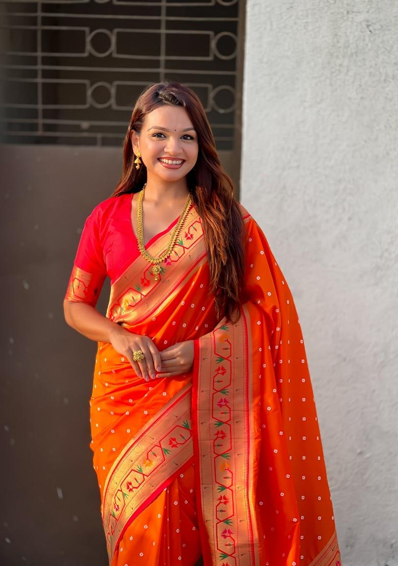 Orange Zari Work Silk Saree Set - Indya