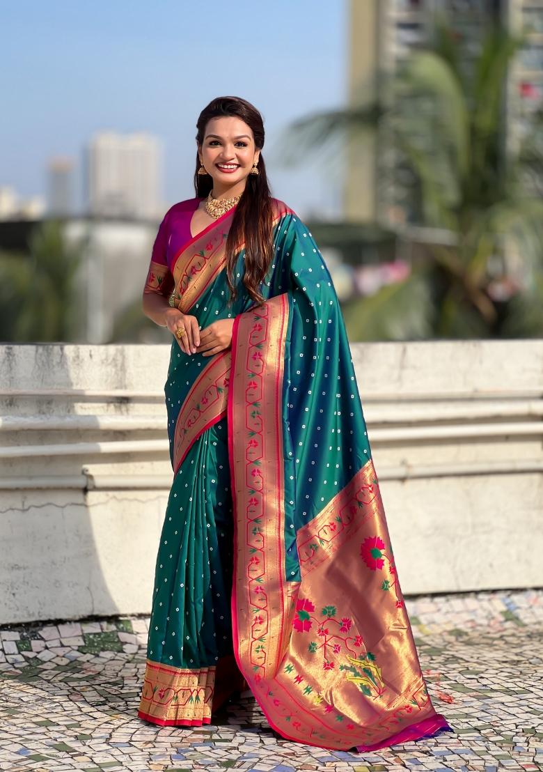 Green Zari Work Silk Saree Set - Indya