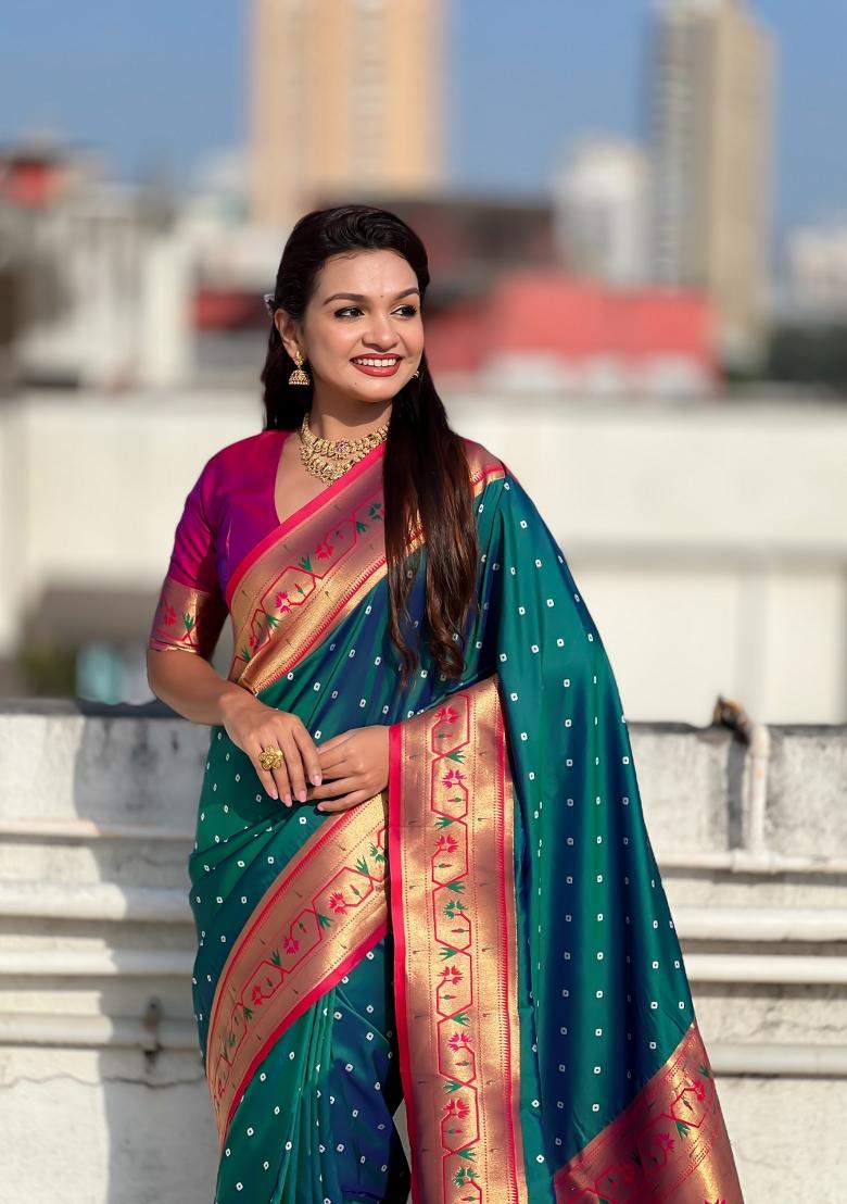 Green Zari Work Silk Saree Set - Indya