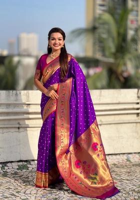 Purple Zari Work Silk Saree Set