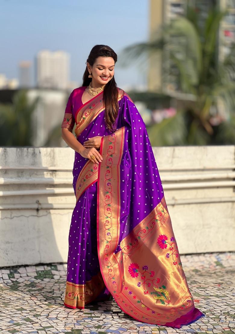 Purple Zari Work Silk Saree Set - Indya