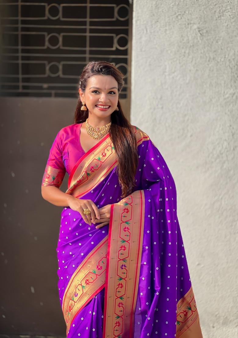 Purple Zari Work Silk Saree Set - Indya