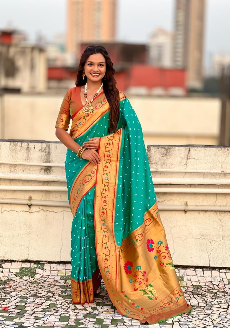 Sea Green Zari Work Silk Saree Set - Indya