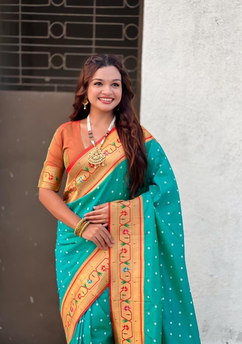 Sea Green Zari Work Silk Saree Set - Indya