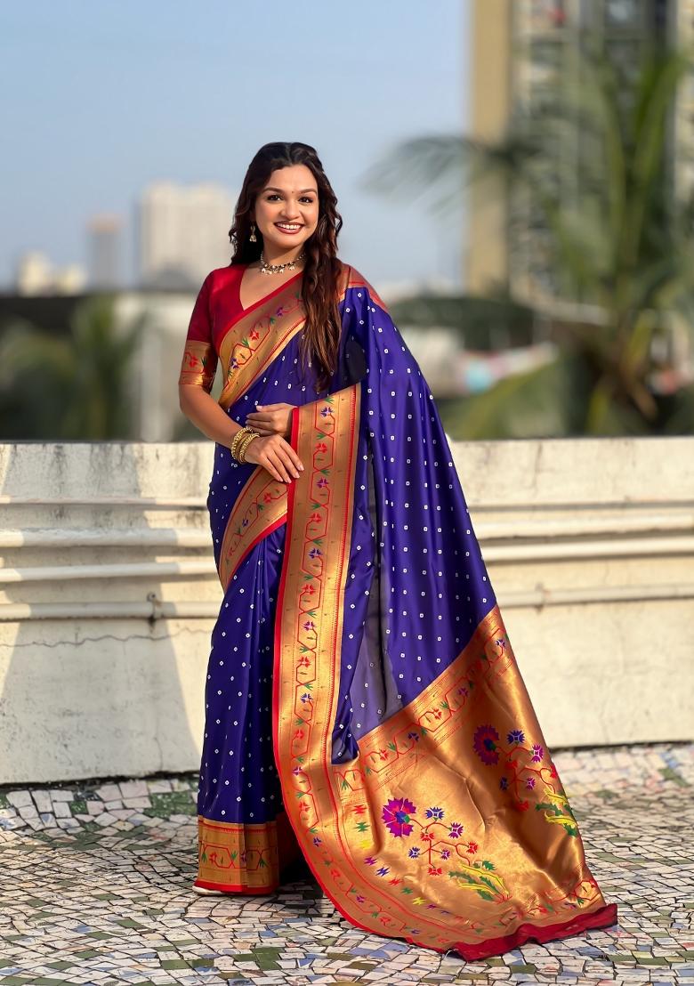 Violet Zari Work Silk Saree Set - Indya