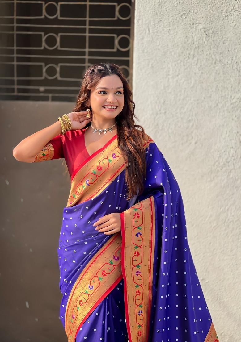 Violet Zari Work Silk Saree Set - Indya