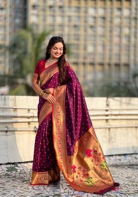 Wine Zari Work Silk Saree Set