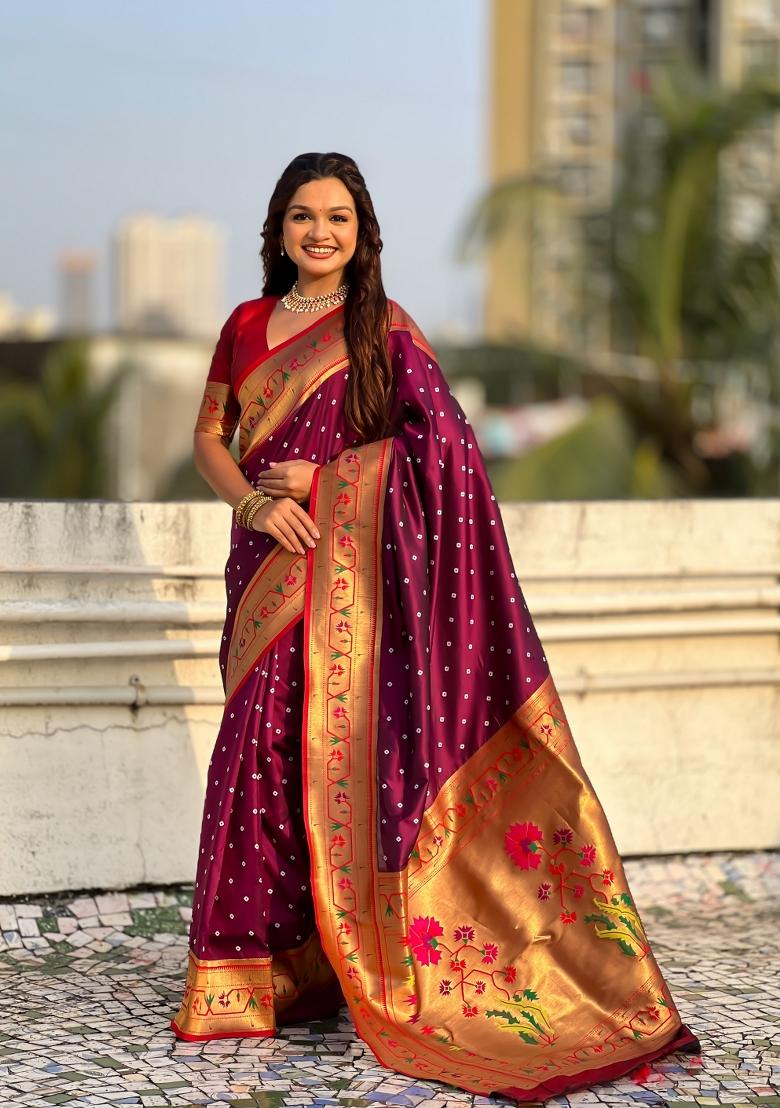Wine Zari Work Silk Saree Set - Indya