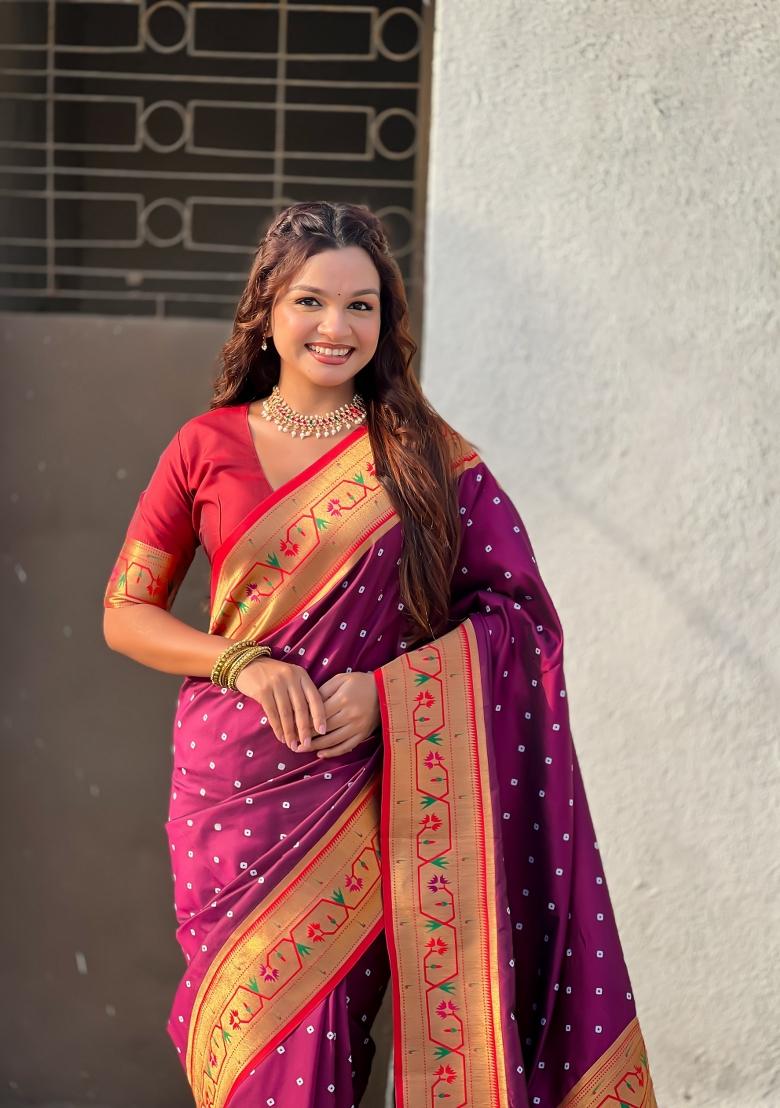 Wine Zari Work Silk Saree Set - Indya