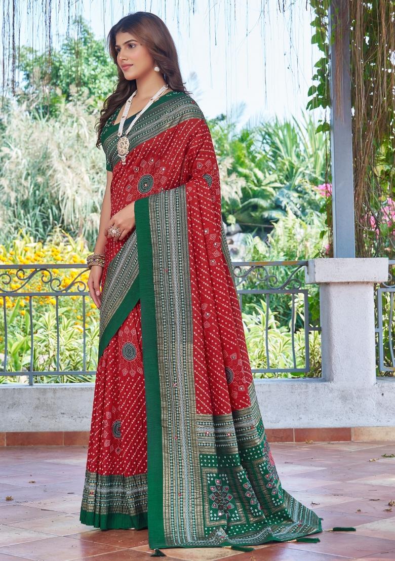 Red Bandhej Silk Saree Set - Indya