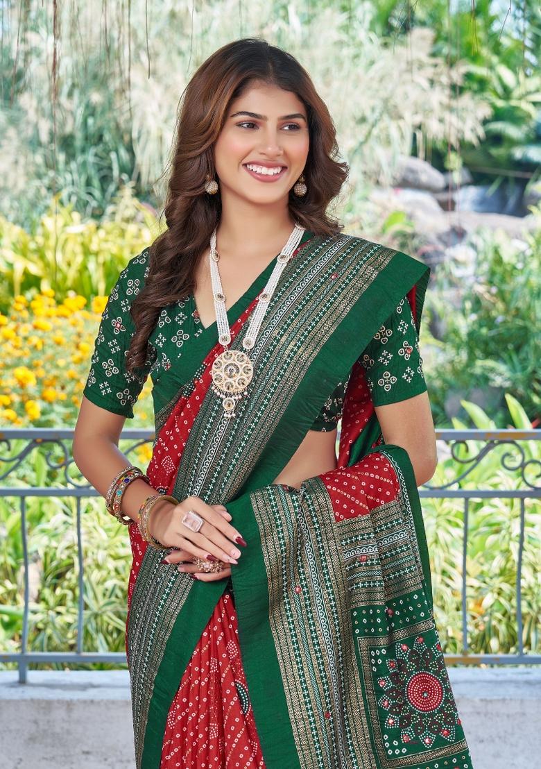 Red Bandhej Silk Saree Set - Indya