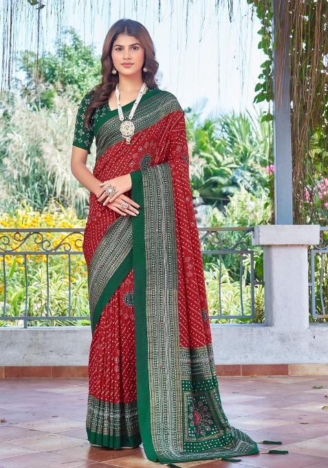 Red Bandhej Silk Saree Set