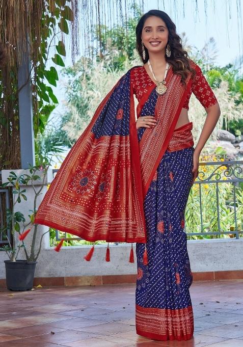 Blue Bandhej Silk Saree Set